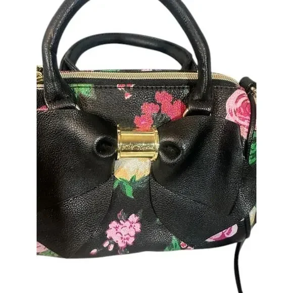 Betsey Johnson Black Multi Color Floral Dome Top Handle Zipper Bag Women - Picture 3 of 10